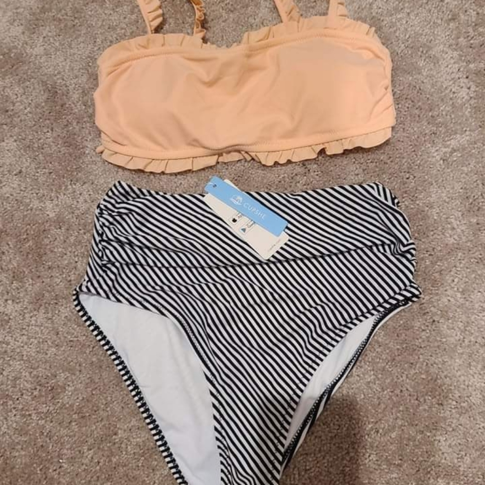 Ruffle Bandeau Bikini with High Waisted Bottom